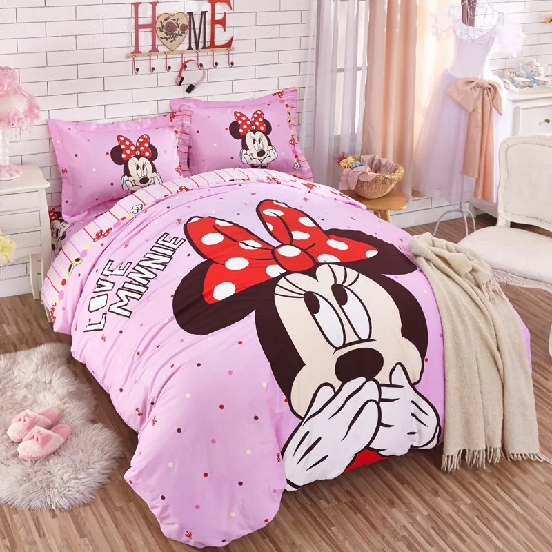 Disney Minnie/комплект постельного белья из хлопка для девочек, пододеяльник, простыня, наволочка, Комплект постельного белья