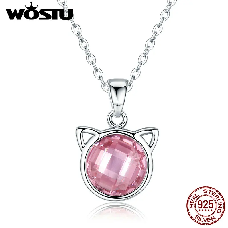 

WOSTU Hot Sale Luxury Authentic 925 Sterling Silver Cute Cat ,Pink Crystal Pendant Necklaces For Girl Women Jewelry Gift CQN083