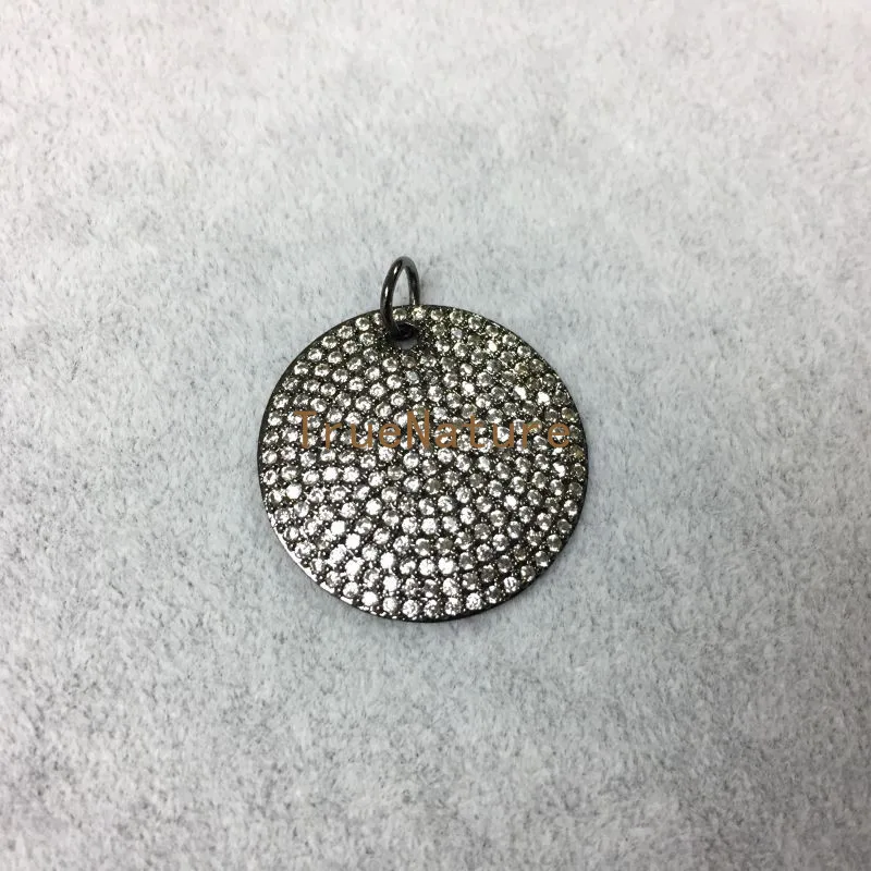 

For Sale White Micro Zircon Round Pendants Chic Gun Black Electroplated Charms Zirconia Delicate Jewelry In 28 mm PM5186