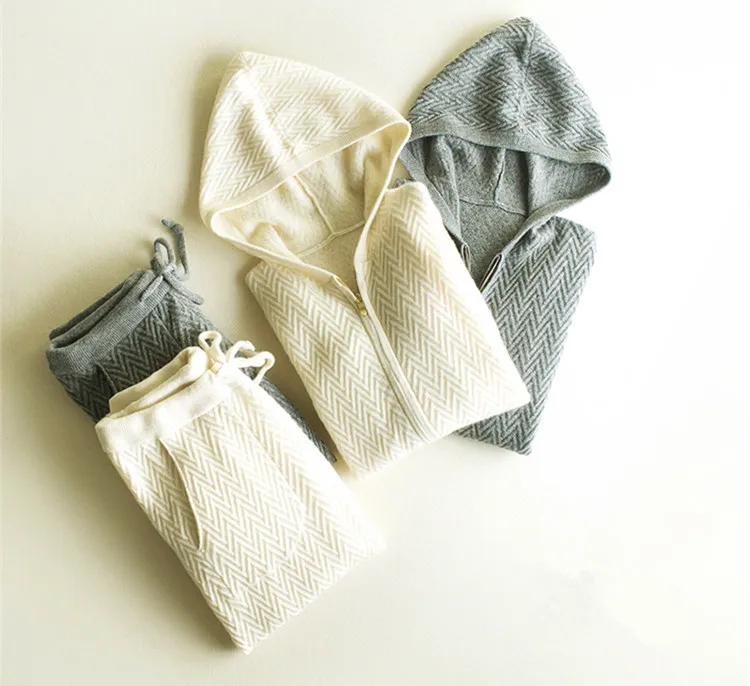 

top grade 100%goat cashmere twill knit women hooded sweatshirts suits zipper coat ankle-length pant 2pcs/set EU/S-XL
