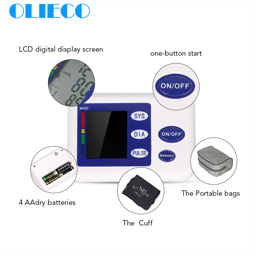 

Home Health Care Pulse Measurement Tool Portable LCD Digital Upper Arm Blood Pressure Monitor BP Sphygmomanometers Pulsometer CE