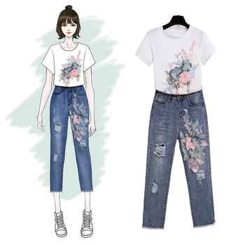 

New Embroidery Sequins Stereo Flowers Short Sleeve T-Shirt Set + Woman Holes Nine Points Jeans Two Piece Set se397