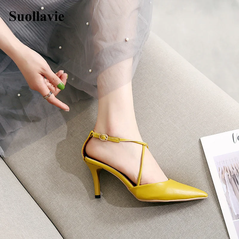 

New Pointed Toe Stiletto Women's Pumps Shoes 2019 Summer Gladiator Pumps High Heels Hollow Cross Black White Yellow Shoes
