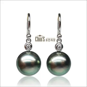 

Free Shipping AAA 9-10MM Real Tahitian Black Green Pearl Diamond Drop Earrings 18K White Gold #0207