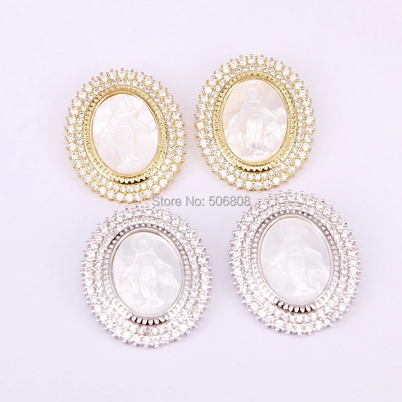 5PCS ZYZ185-8730 Micro Pave CZ Zirconia Mother Of Pearl Shell Carved Jesus Oval Pendant Bead 3