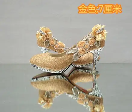 Г., красивые блестящие свадебные вечерние женские туфли на высоком каблуке с кристаллами пикантные женские туфли-лодочки модная свадебная обувь 9 цветов - Цвет: Gold  7cm