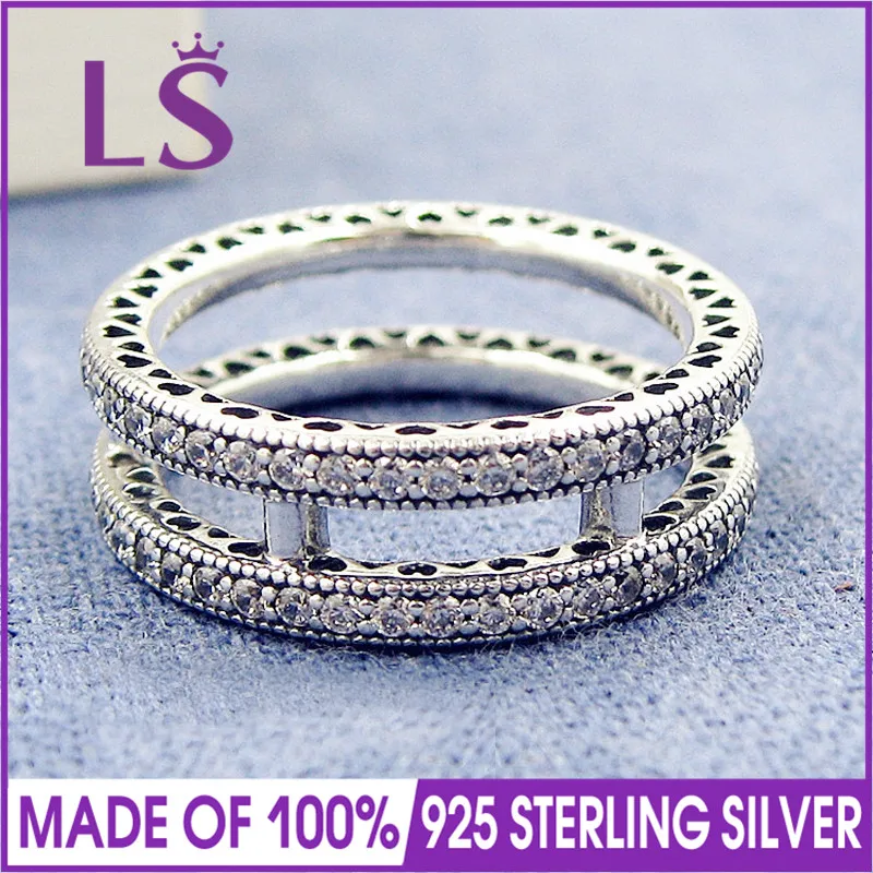

LS Hot Sale High Quality 100% Real 925 Sterling Silver Double Hearts Clear CZ Ring For Women Wedding Ring Fine Jewelry N