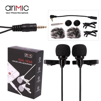 

Arimic two people use live mobile phone collar clip microphone recording small bees double head interview microphone 1.5 meters
