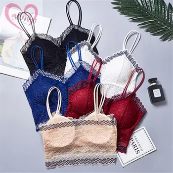 

Womens Double Spaghetti Straps Crop Top Solid Color Hollow Out Lace Camisole Geometric Wavy Ice Silk Bralette Underwear