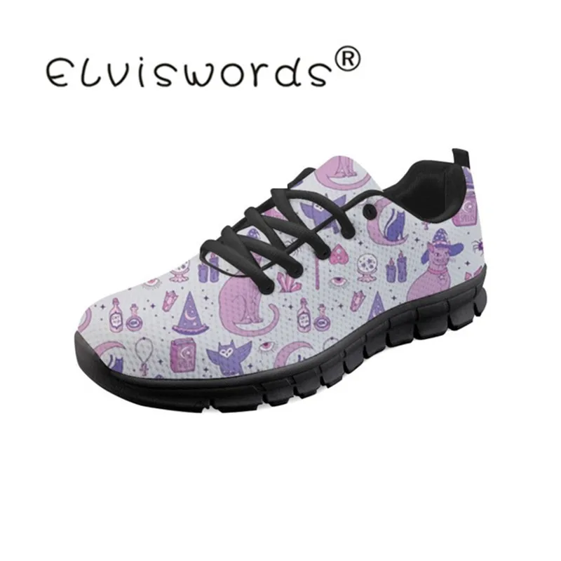 

ELVISWORDS Mystical Cats Women Mesh Flats Shoe Black Shoe Plat form Slip On Woman Fashion Female Comfortable Casual Footwears