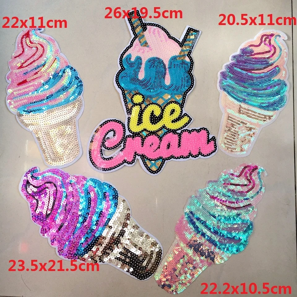 

2PC 5 Styles Mix Sequin Patch for Clothes Motif Applique Shining Ice Cream Sew/Iron on Patches for Clothing Sequined Stickers