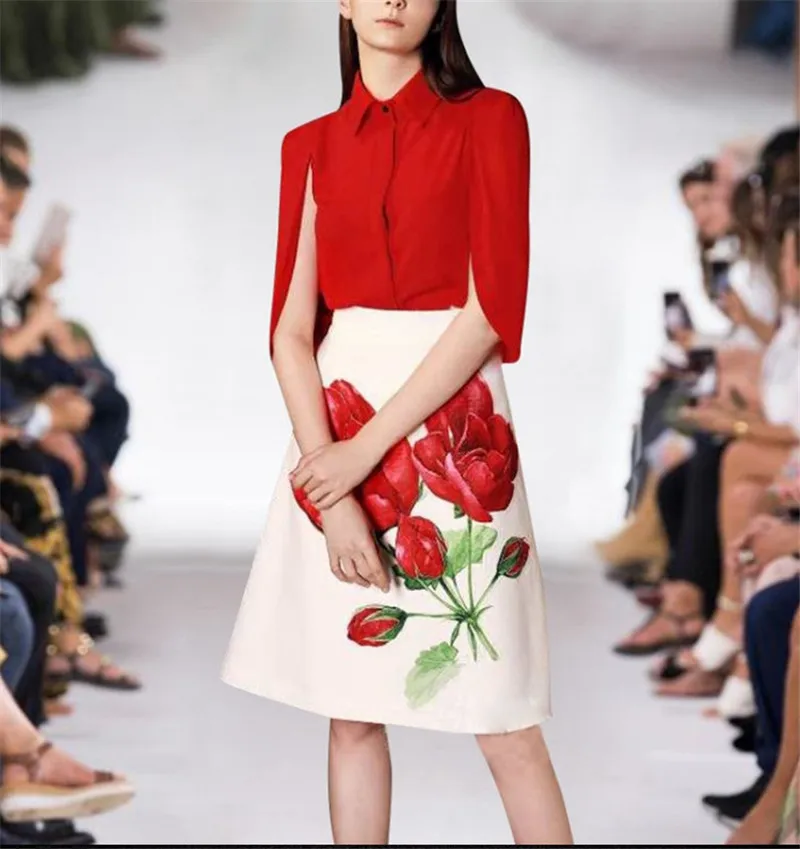 

Office Sets Casual Cape-shirt Red Blouse Irrgular Floral Print A-line Skirt Women Two Pieces Suit Sets Party Clothes 2019 Summer