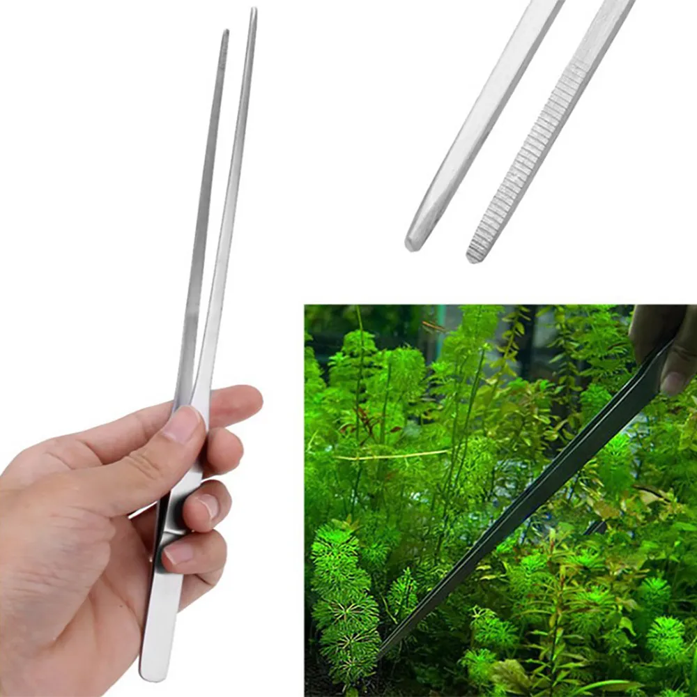 

25/27CM Stainless Steel Elbow Tweezers For Aquarium Live Plant Fish Tank Shrimp Reef Tank Curve Tweezer Clip Cleaning Clamp Tool