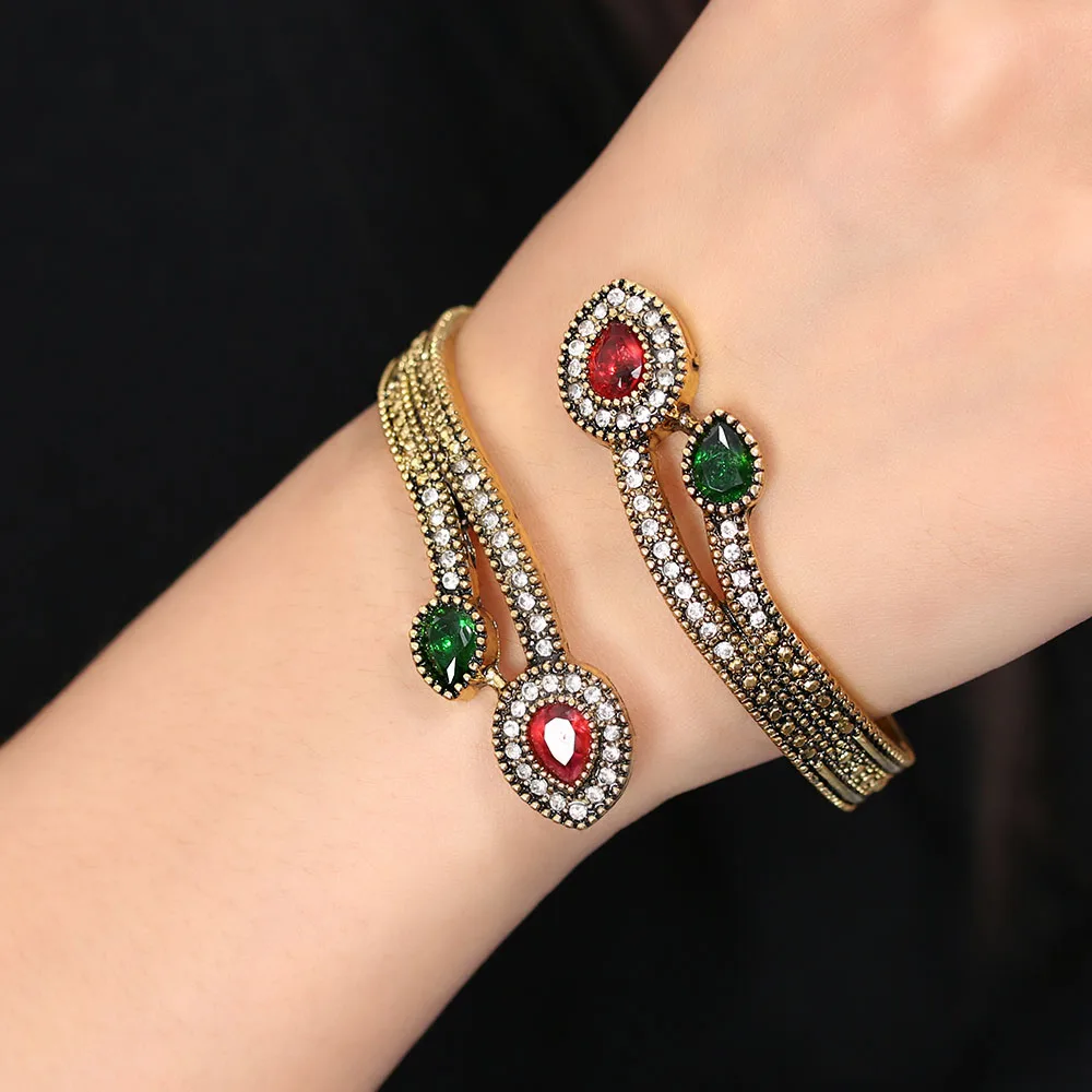 1 Pcs Vintage Bangles Fashion Turkish Resin flower Jewelry Cuff Antique Gold Color Resin Ethnic Bangle for Women Gifts Wholesale