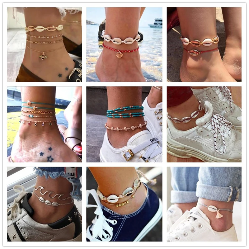 

Tocona Bohemia Summer New Fashion Jewelry Gold Silver Color Anklets Shell Round Flowers Geometric Shape For Women Men Anklets