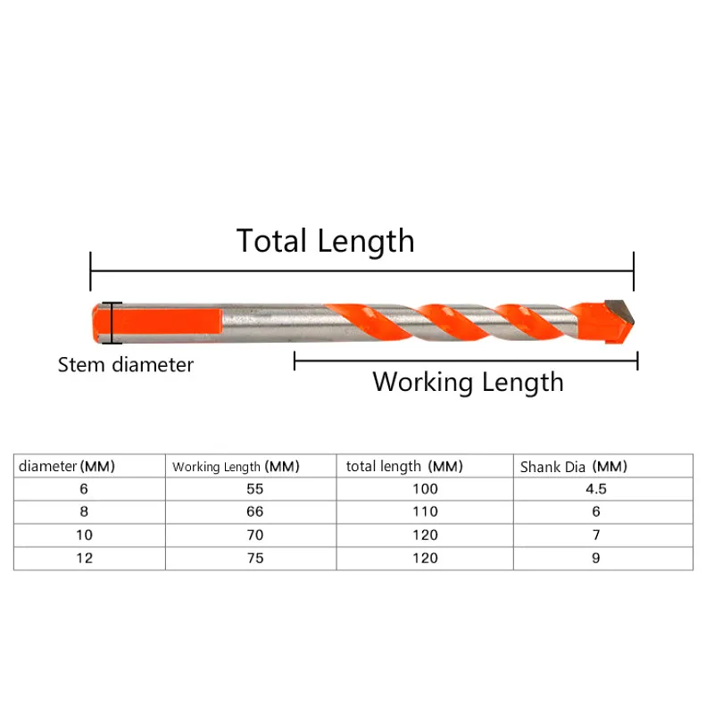 4 шт. 6 мм/8 мм/10 мм/12 мм треугольное сверло с хвостовиком многофункциональное керамическое стеклянное отверстие стены Кобальт спиральное сверло