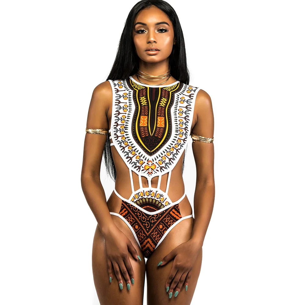 

Sexy 2019 Women Vintage One Piece Bikini Round Neck Print Low Waist Swimsuit Beach Low Waist Halter Swimsuit Printing Multicolor