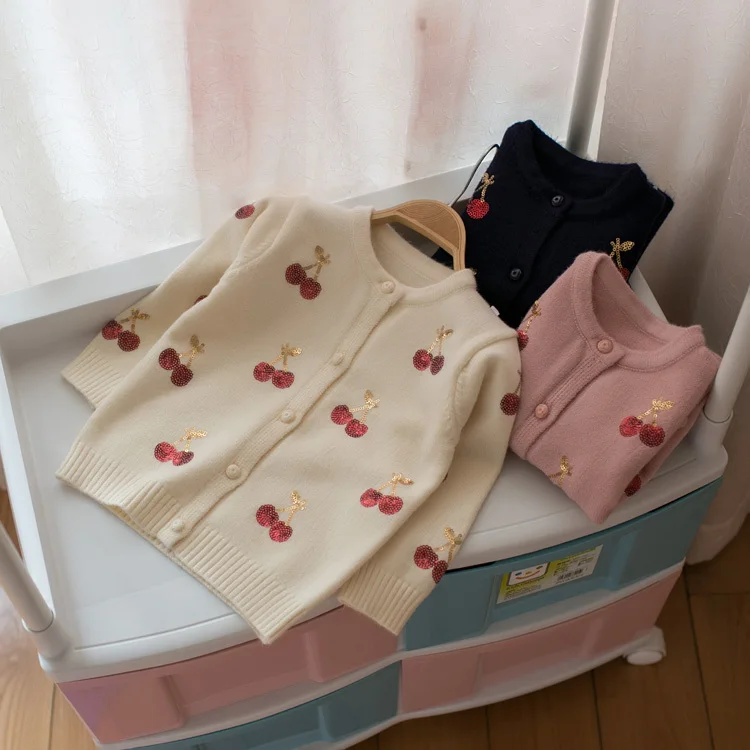 

New Hot Children Clothing Kids Sweater Knitted Sweater Girls Sweater Cherry Embroidery Autumn Winter Kids Shiny Cardigan