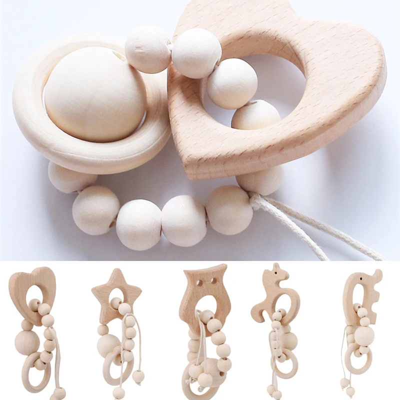 

Wooden Baby Bracelet Animal Shaped Jewelry Teething For Baby Organic Wood Silicone Beads Baby Rattle Stroller Accessories Toys