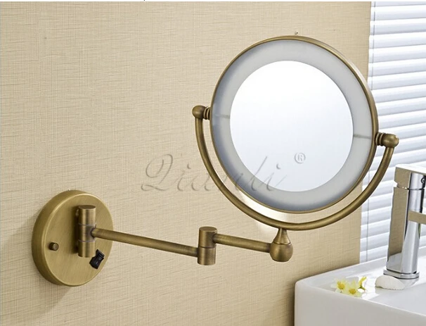 Bath Mirror Bronze Wall Mounted 8 inch Brass 3X/1X Magnifying Mirror LED Light Folding