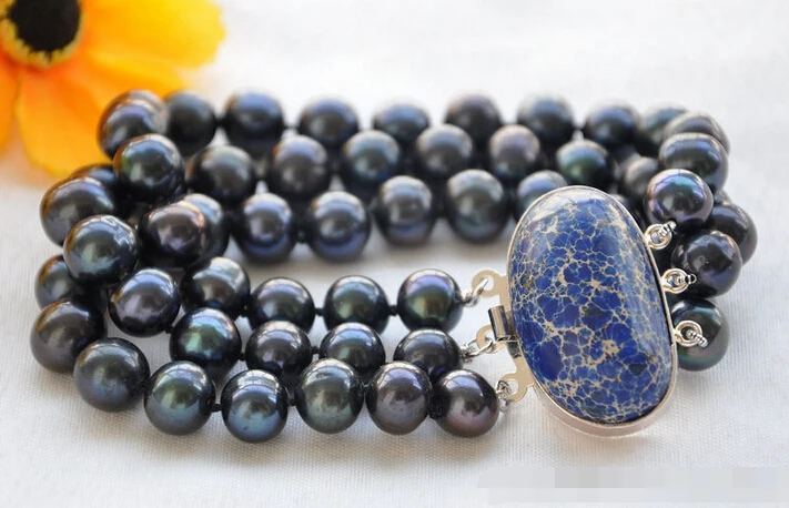

FREE SHIPPING>>>@@ > 01141 3row 8" black round FRESHWATER CULTURED pearl bracelet stone clasp