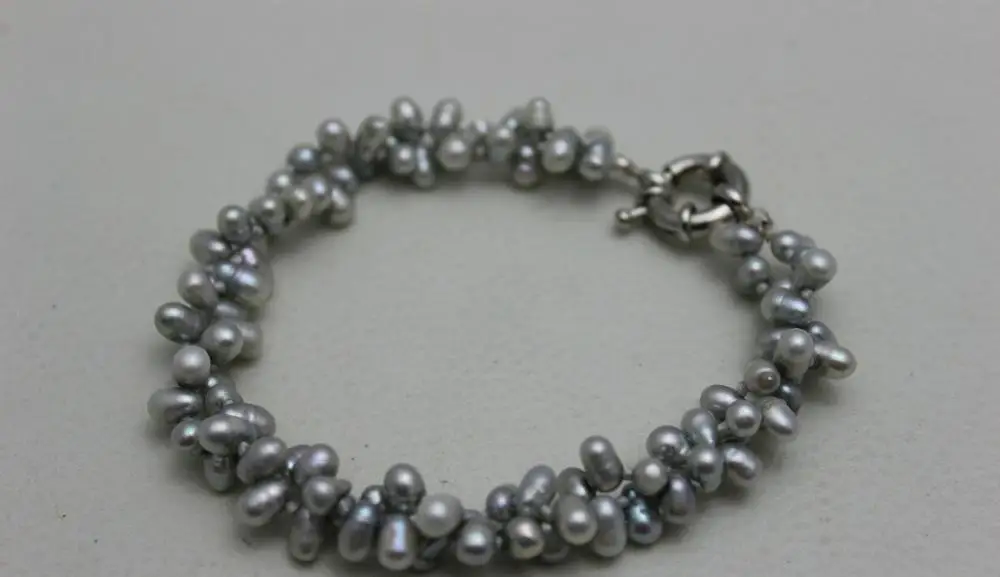 

2strands twist Gray rice 4x6mm freshwater pearl bracelet 9INCH "Handmade" Alloy >>free shipping