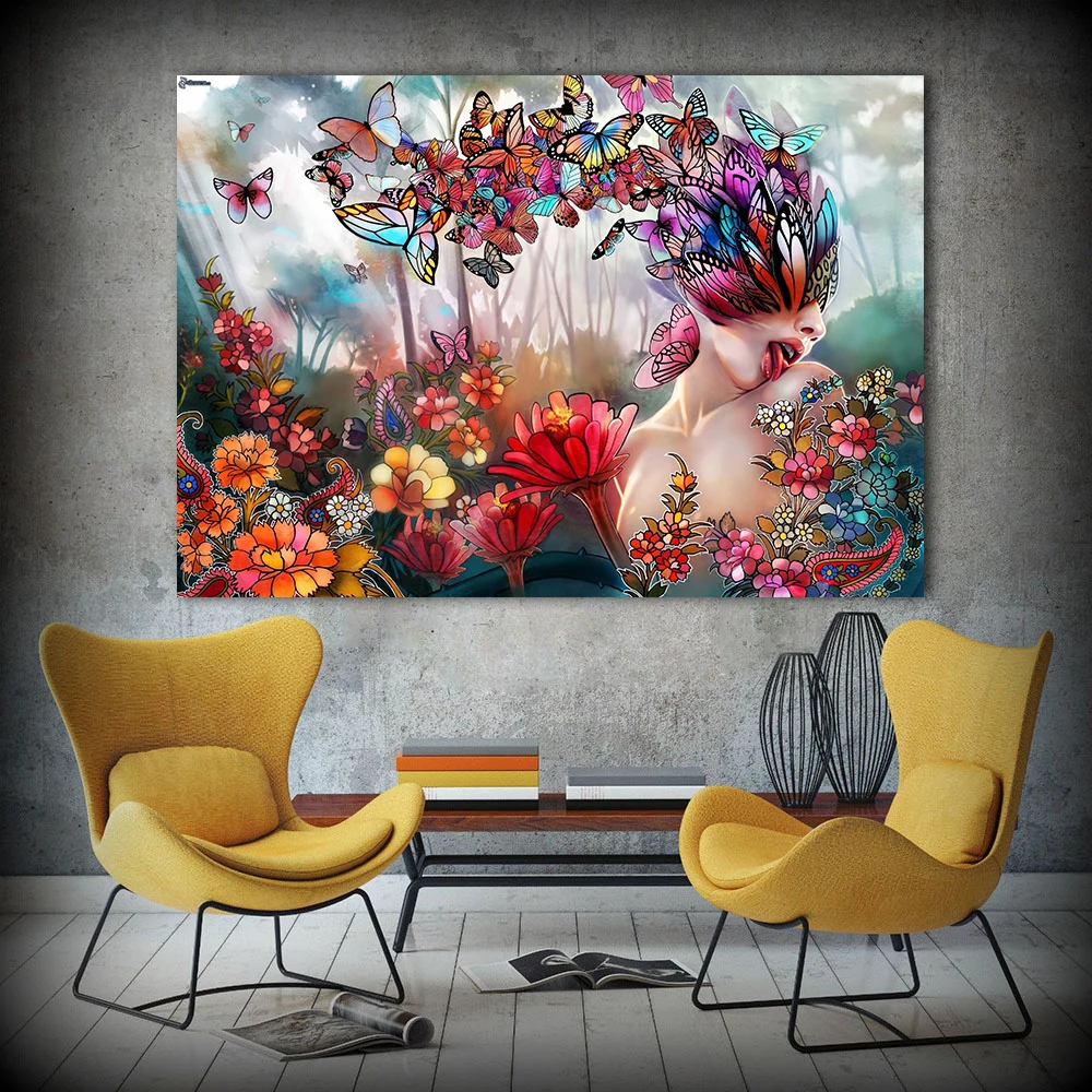 Embelish Naked Woman Sack язык цветы бабочки Psychedelic настенные картинки для гостиной домашний