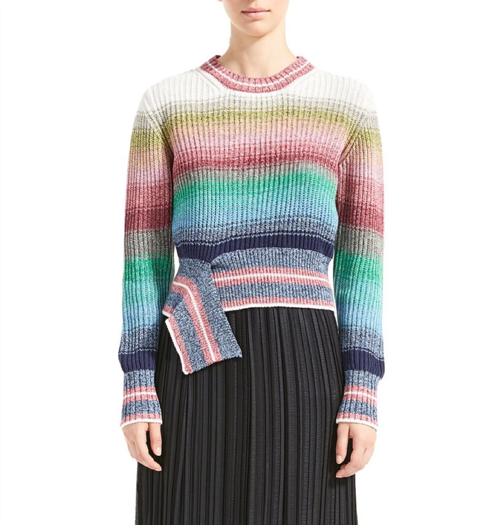 

2019 Autumn New Women's Sweater Rainbow Color Split Irregular Hem O-neck Tops Women Knitted Pullover