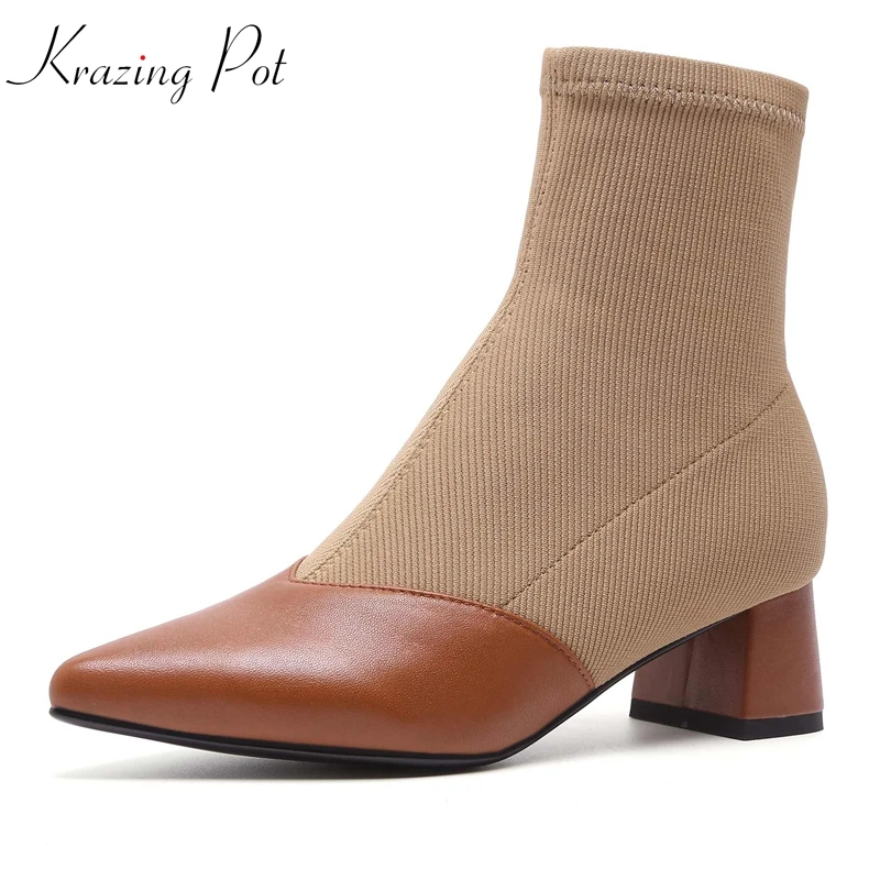 

Krazing pot 2018 hot sale genuine leather knitting women brand ankle boots pointed toe holiday European simple Chelsea boots L03