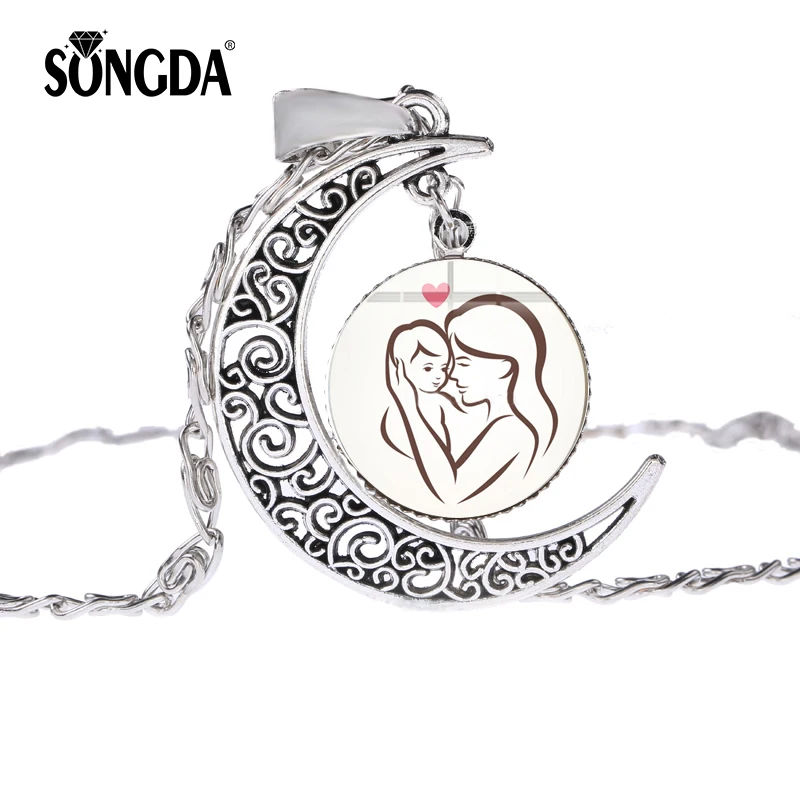 

SONGDA Maternal Love Symbol Silver Color Moon Necklace Romantic Mom Art Pattern Glass Cabochon Choker Best Gift for Mother's Day