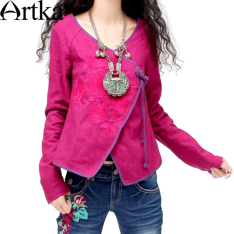 

Artka Women's Ethnic Handmade Frog Knot Delicate Floral Embroidery Surplice V-neck Qualified Cotton Linen Short Coat SA10237C