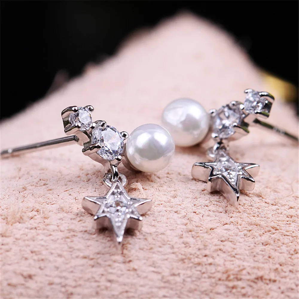 

s925 Snowflake Rhinestone Pearl Silver Stud Earrings Ladies Female Geometry Star Earring For Women Jewelry