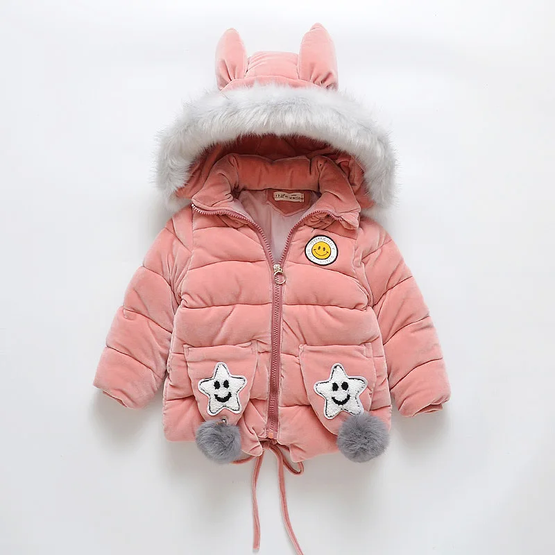 

New Girls Jackets Parka Star Pocket Baby Outerwear Pleuche Childen Winter Snow Wear Hooded Fur Collar Warm Cotton Kids Coat