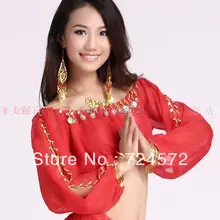 Костюм для танца живота зимний шифон фонарь с длинными рукавами золотые монеты топ и футболки для танца живота топ