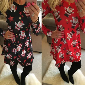 New Christmas Print Dress For Women Casual Long Sleeve