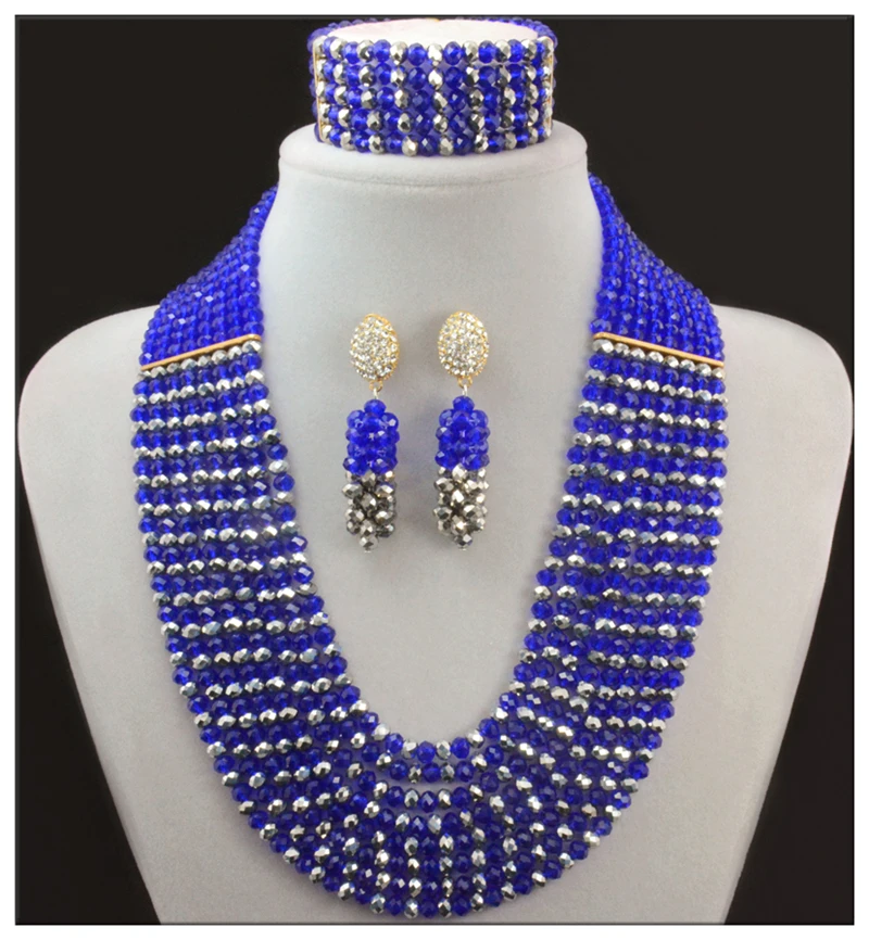

2016 New Arrival Royal Blue Statement Necklace Nigerian Wedding African Beads Jewelry Set Costume Jewellry SetsFree Shipping