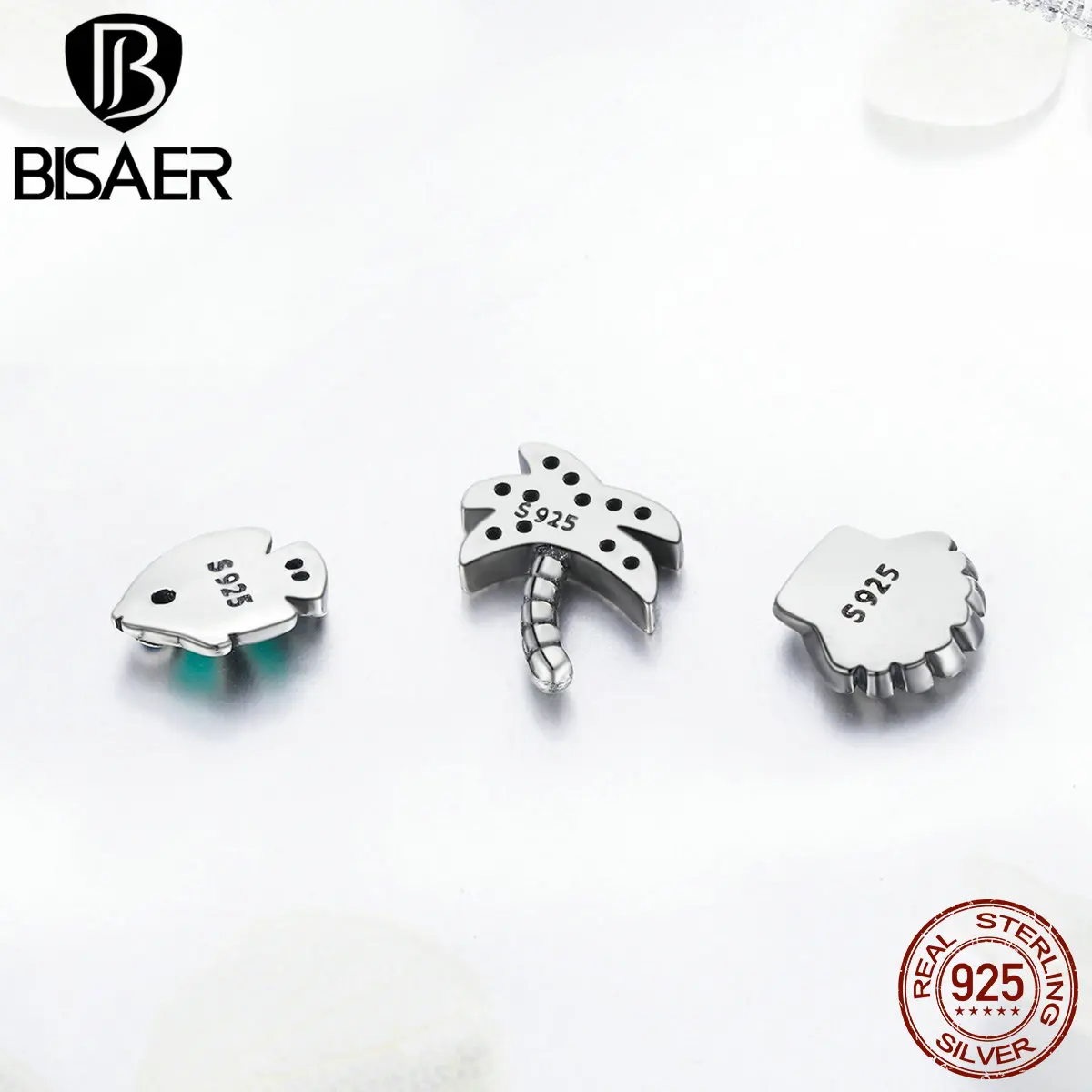 BISAER 925 пробы Серебряное пальмовое дерево Морская ракушка красочная рыба