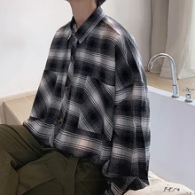Весна и осень новая молодежная модная повседневная свободная клетчатая рубашка с длинным рукавом и большим карманом черный/красный коралловый красный M-2XL