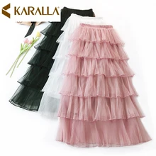 Лето Новое поступление сплошной цвет слои гофрированная Женская юбка элегантная женская Повседневная сетчатая юбка C858