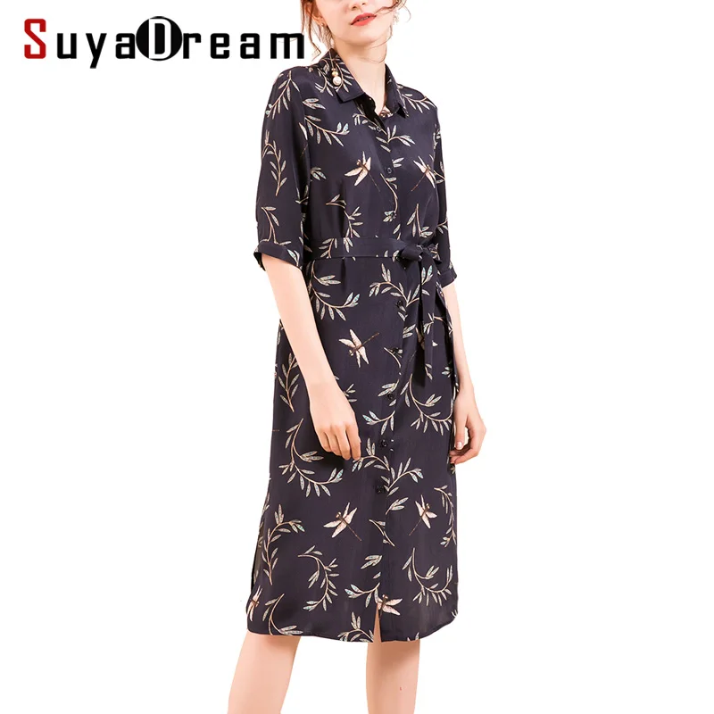 

Women Silk dress 23mm 100% Real silk Printed Knee length Heavy Silk Crepe Half sleeved Dresses for Women 2018 Fall Winter New