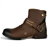 Man Fashion Cowhide Genuine Leather Military Uniform Boots Gothic Skull Punk Shoes Platform Mid-calf Boots Steampunk Shoes Male