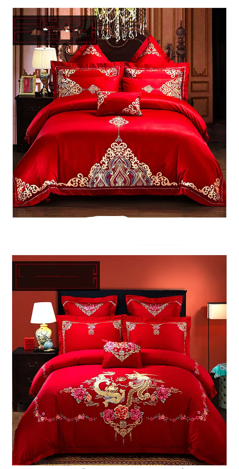 Десять наборов больших красных хлопковых вышитых свадебных постельных принадлежностей из чистого хлопка с вышивкой