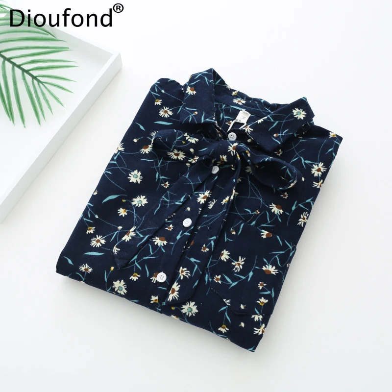 Beste Dioufond Boog Zwarte Vrouwen Casual Blouses Vintage Bloemenprint Dames Tops Lange Mouwen Lente Herfst Blusas Elegante Katoen 2018
