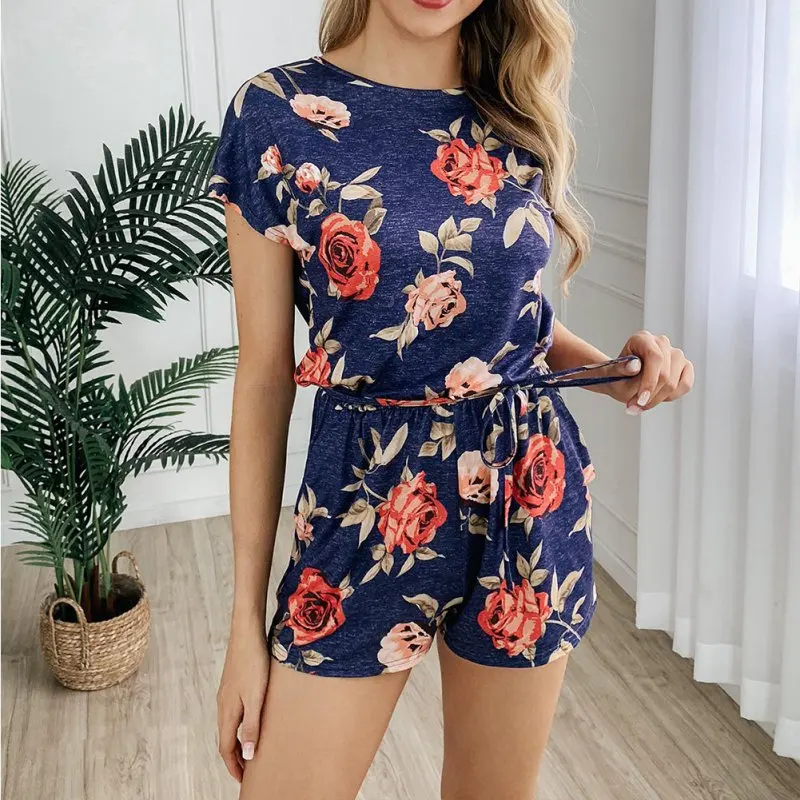 Women Rompers Flower Print Jumpsuit Summer Short Sleeve Overalls Jumpsuit Female Playsuit