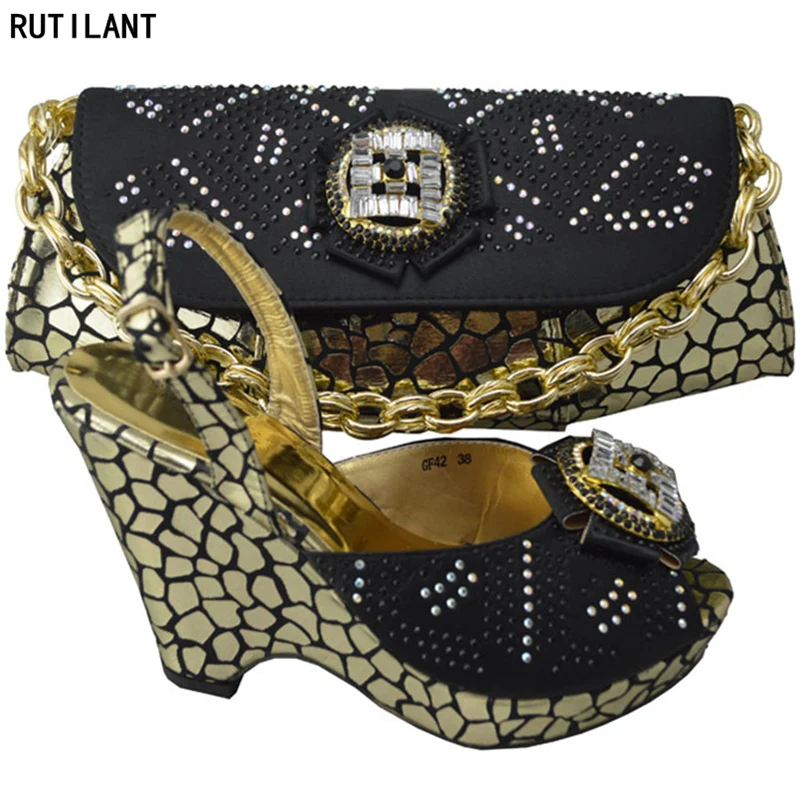 Black +Gold Color African Matching Shoes and Bags Italian In Women Italian Shoes and Bags To ...