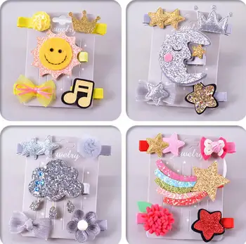 

5PCs/lot Baby Girls Bling Hair Pins Sun Moon Headwear Girl Hair Accessories Cloud Star Flower Hair Clip Golden Hairpin