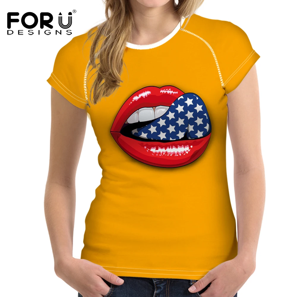 

FORUDESIGNS Women t shirt Sexy Lip T shirt Hot Slim-fit Ladies Females Short t-shirt Bright Color Showy Tops Femme Clothes Silky