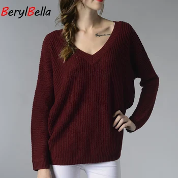 

New Women Sweaters And Pullovers Long Knitted Female Sweater V Neck Knitwear Long Sleeve Jersey Off Shoulder Sweaters Pull