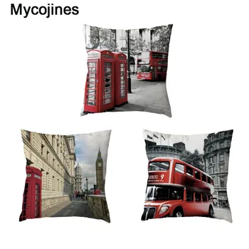 

White Cushion Cover London Big Ben Red Bus Home Sofa Car Decorative Beauty Chair Polyester Peach Skin British Style Pillow Cases