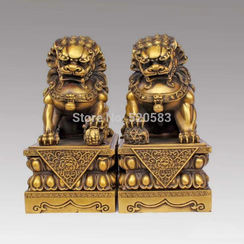 

free Large Pair Bronze Chinese Lion Foo Dog Statue Figure Sculpture Black yellow10" fast